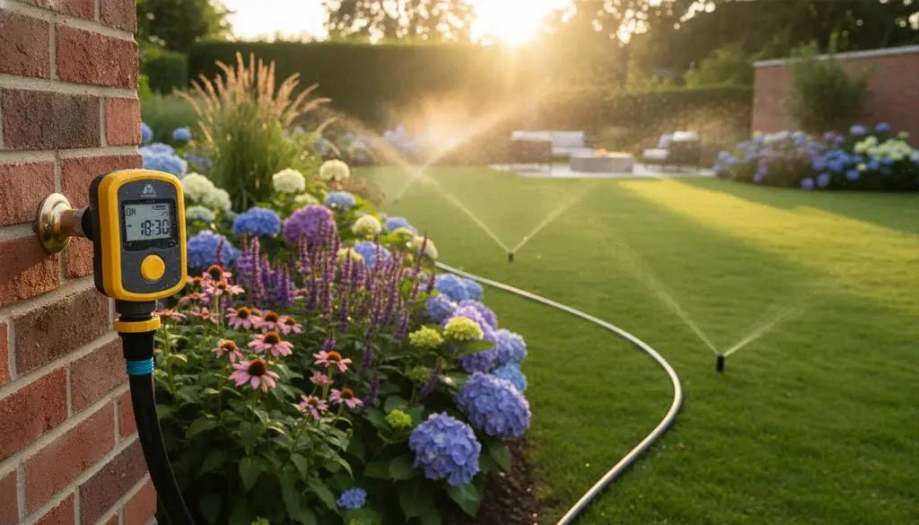 Hozelock timer on tap watering garden lawn.