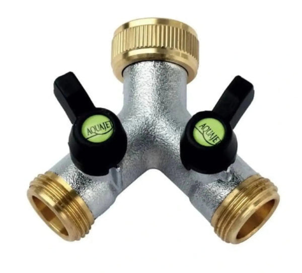 2 Way "Y" Tap Splitter: Threaded Hose Connector & Shut-Off.