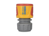 Hozelock AquaStop Connector with a yellow plastic body, red grip panels and cap, and a grey ribbed screw fitting.