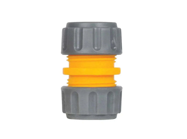 Hozelock Hose Repair Connector in grey and bright yellow plastic, with ribbed screw collars and a central hose grip collar.