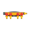 Hozelock 4-Way Tap Connector in yellow and black plastic, with four red flow-control knobs and outlet fittings.