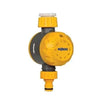 Hozelock Auto Off Controller, yellow and charcoal plastic watering timer with a numbered rotary dial and hose connectors.