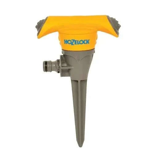 Hozelock Round Sprinkler with bright yellow plastic top, grey plastic body and ground spike, featuring twin spray arms.