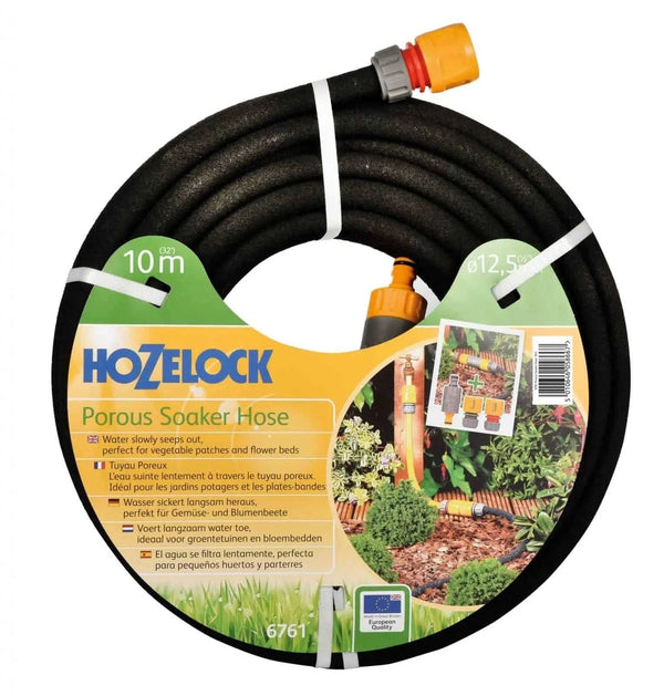 Hozelock Soaker Hose 10m, black porous hose coil with orange and grey connectors and a green-and-yellow label.