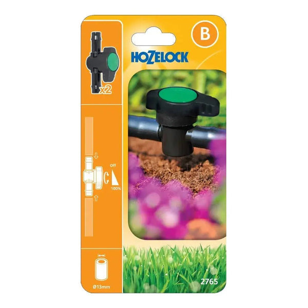 Hozelock 2765 garden valve packaging with a close-up of the valve on an orange background.