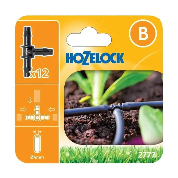 Hozelock T-Piece Connector, black plastic 4mm irrigation fitting with three push-fit barbed ends for splitting tubing.