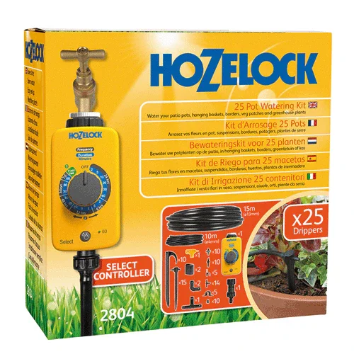 Hozelock 25 Pot Watering Kit packaging with controller and hose on a yellow background