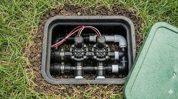 Underground irrigation system with pipes and valves in a grassy area