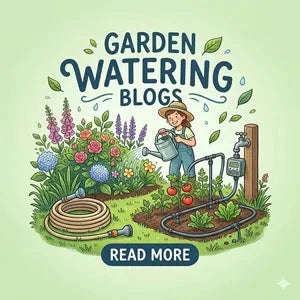 Illustration of a gardener with a watering can and garden tools, surrounded by plants and flowers on a light green background.