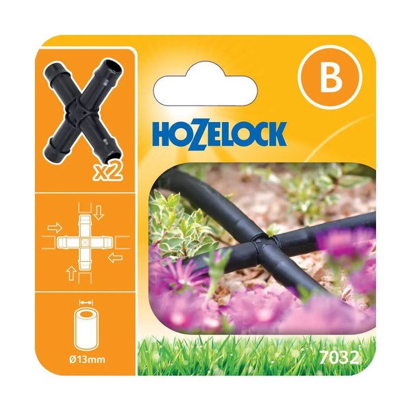 Hozelock 7032 product packaging with two black connectors on an orange background