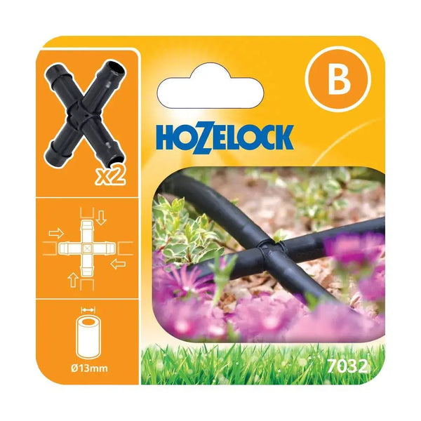 Hozelock 7032 product packaging with two black connectors on an orange background