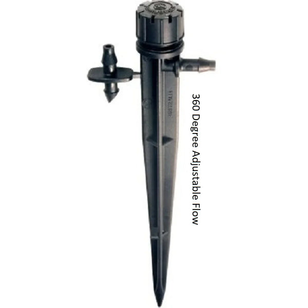 Black adjustable sprinkler with '360 Degree Adjustable Flow' text on a white background
