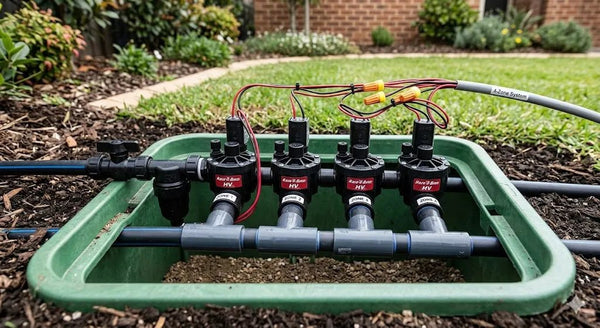 Drip irrigation system with multiple outlets on a green tray in an outdoor garden setting.