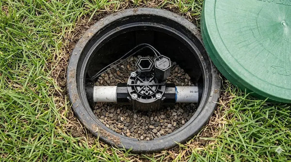 Outdoor sprinkler system valve on grass with green lid