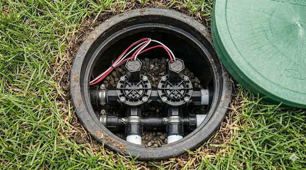 Close-up of a sprinkler system valve on grass