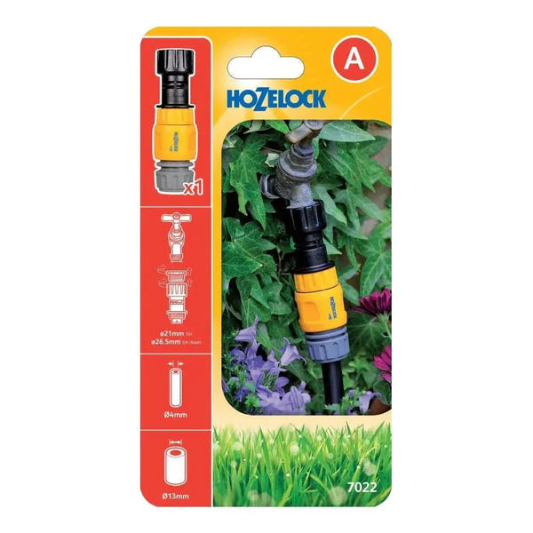 Hozelock garden fitting packaging with product and plants on a white background
