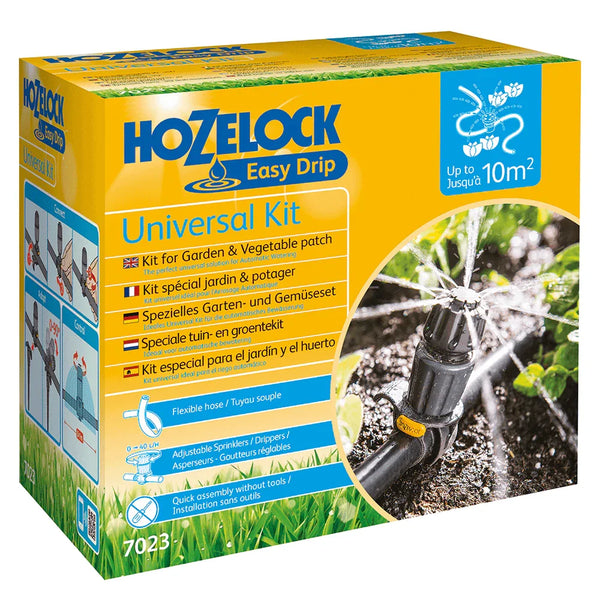Hozelock Easy Drip Universal Kit packaging with text and images of the product.