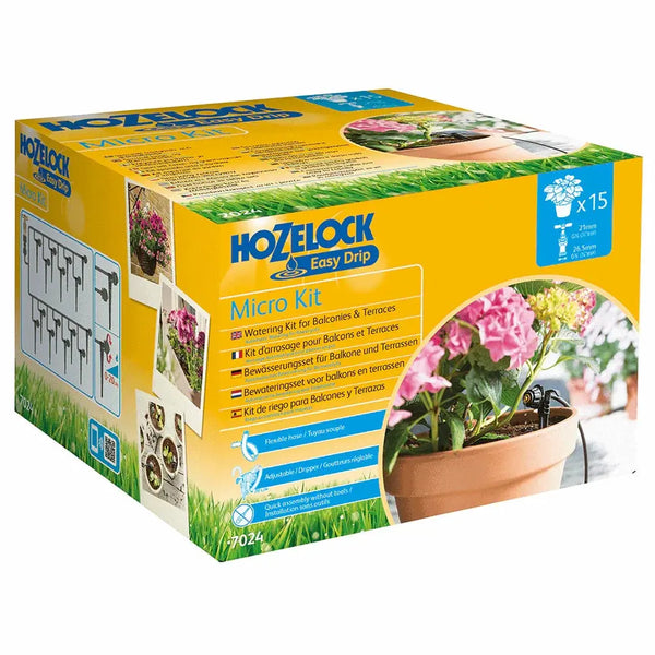 Hozelock Easy Drip Micro Kit packaging with images of plants and text on a white background