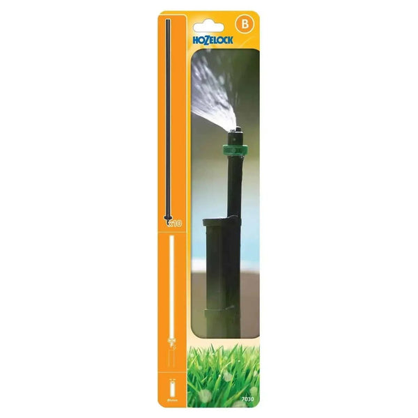 Hozelock Micro Extension Tube in black plastic, shown with a slim tube and green connector in retail packaging.