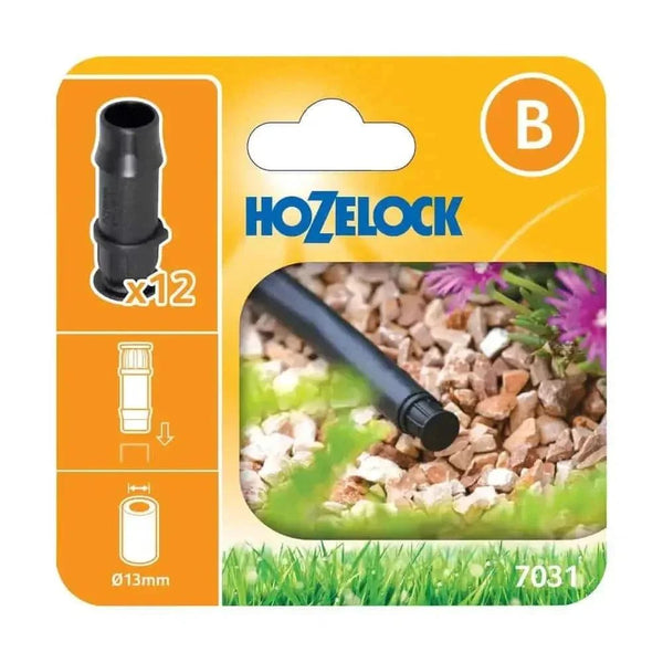 Hozelock End Cap/Stop End, a black plastic 13 mm irrigation tube plug, shown as a pack of 12.