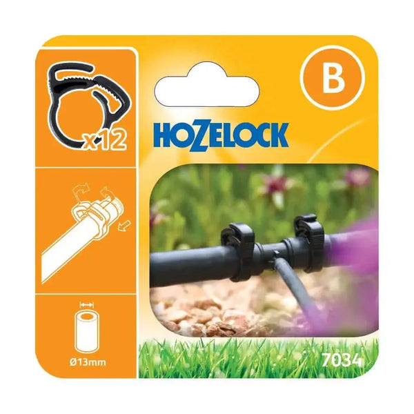 Hozelock 7034 product packaging with a black garden fitting on an orange background