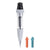The Claber Idris Indoor Plant Watering System - 8052 features a gray drip irrigation emitter with a transparent center, black top, and pointed bottom. Designed as an automatic plant waterer, it comes with two colored nozzle tips—one orange marked “10” and one blue marked “15”—both displaying arrows and threads for easy attachment.