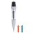 The Claber Idris Indoor Plant Watering System - 8052 features a gray drip irrigation emitter with a transparent center, black top, and pointed bottom. Designed as an automatic plant waterer, it comes with two colored nozzle tips—one orange marked “10” and one blue marked “15”—both displaying arrows and threads for easy attachment.