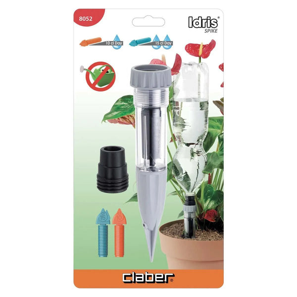 Claber Idris Indoor Plant Watering System - 8052 in packaging, featuring illustrations that demonstrate usage and water flow rates, such as a bottle connected to the self-watering spike gently irrigating a plant—an ideal solution for easy and efficient drip irrigation.