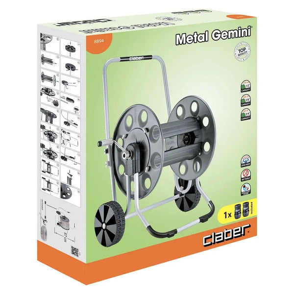 Box packaging of Claber Metal Gemini reel on a white background