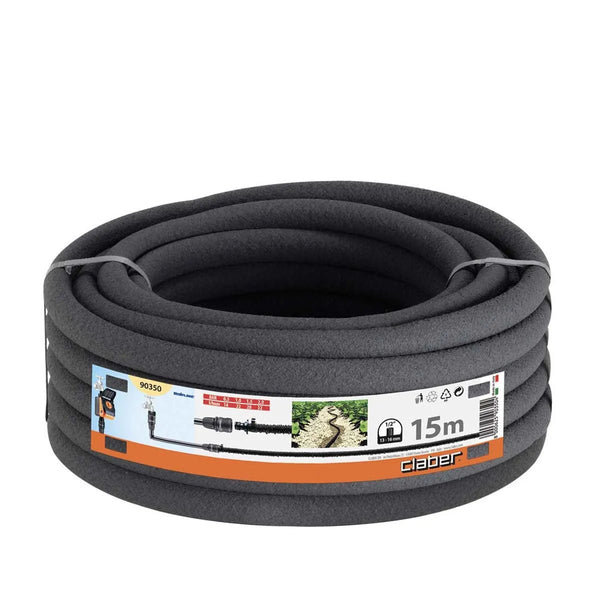 A coiled black Claber Soaker Hose 15 M - 90350, measuring 15 meters, features a label indicating its length, images demonstrating efficient garden watering on the packaging, prominent branding as Claber Soaker Hose, and detailed product information displayed on the package.