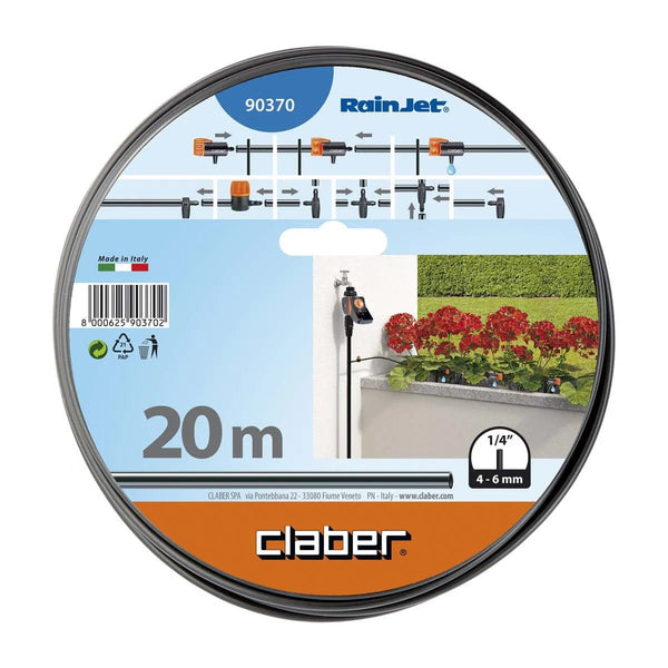 Claber RainJet irrigation system packaging with garden scene on a white background