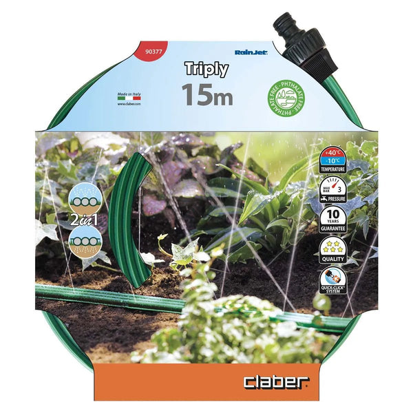 Claber garden hose packaging with product details on a white background