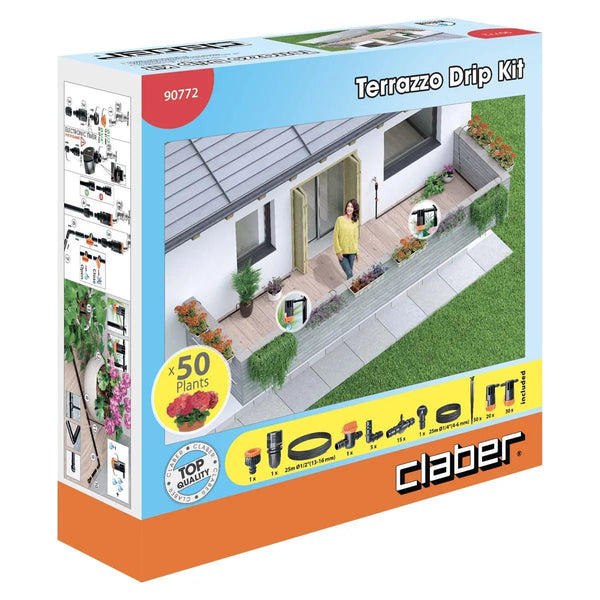 Claber Terrazzo Drip Kit packaging with a house and garden illustration on a white background