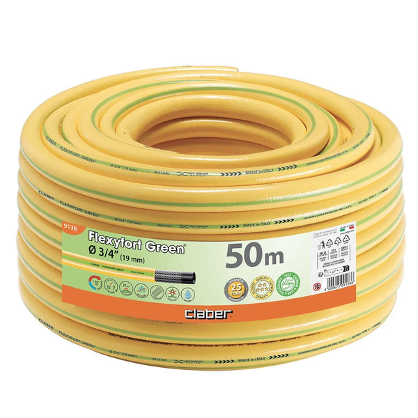 Claber 9138 Flexylfort Green, 3/4 inch (19 mm), 50m, and the brand Claber, on a plain white background.