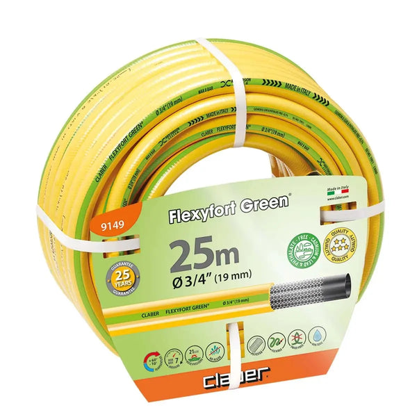 Claber Flexytort Green, with specifications including 25m length and 3/4 inch diameter.