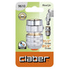 Claber 9610 metal fitting on a packaging card with dimensions and branding.