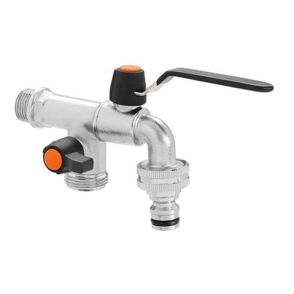 Claber Garden tap with black handles on a white background