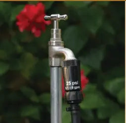 A close-up of a metal garden hose faucet with a black pressure gauge attached, set against a blurred background of green foliage and a red flower.