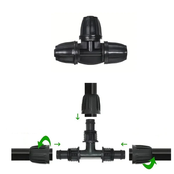 Black plastic plumbing fitting assembly with green arrows indicating connections on a white background