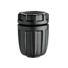 Black plastic anti-stop connector for drip irrigation systems, isolated on white background
