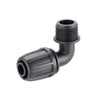 Black plastic anti-threaded elbow pipe fitting, 90-degree connector against white background