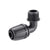 Black plastic anti-threaded elbow pipe fitting, 90-degree connector against white background