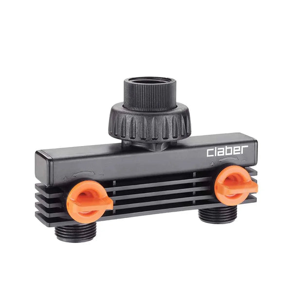 Claber 2-Way Tap Manifold: Independent Shut-Off Valves.