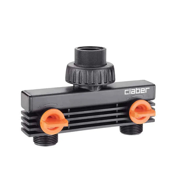 Claber 2-Way Tap Manifold: Independent Shut-Off Valves.