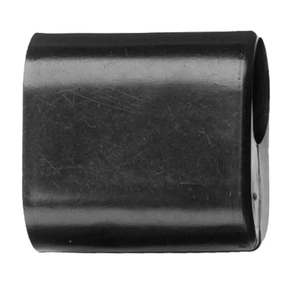 Irrigation Hose End Closure in black plastic, with a short cylindrical shape and open, curved end for tubing attachment.