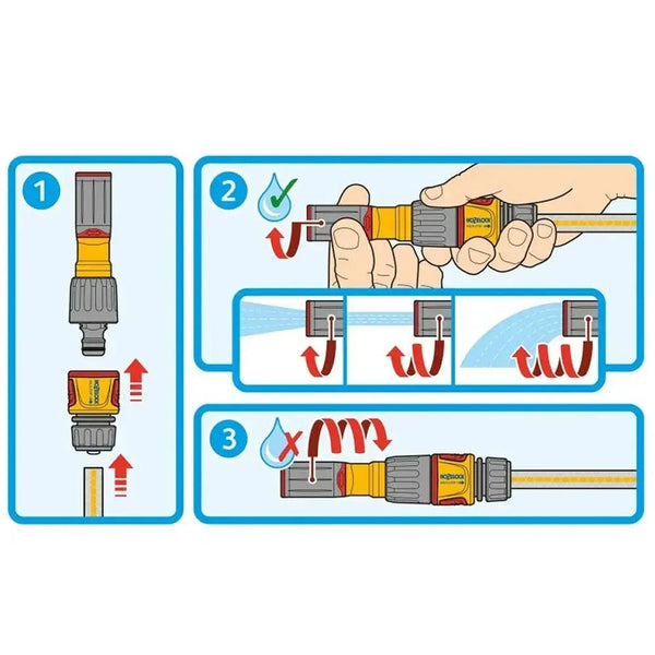 Step-by-step illustration of using a garden sprinkler nozzle.