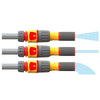 Three nozzles with different spray patterns on a white background