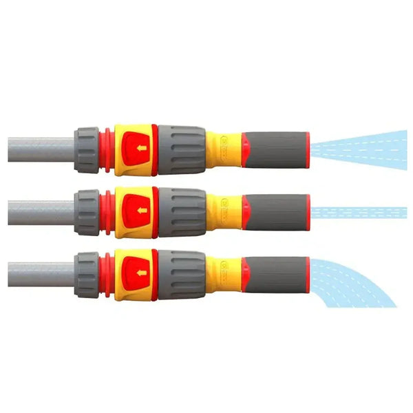 Three nozzles with different spray patterns on a white background