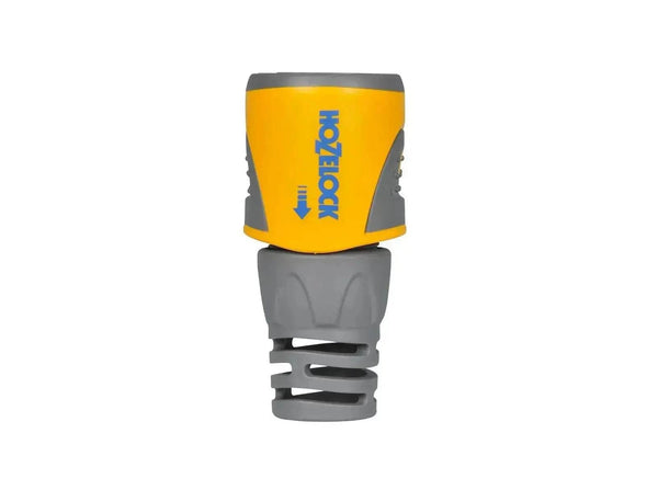 Hozelock Hose End Connector in yellow and grey plastic, with a soft-grip barrel and ribbed hose tail.