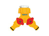 Hozelock Dual Tap Connector in yellow plastic, with a white threaded top, two red control knobs and twin hose outlets.